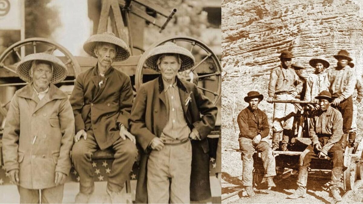 Collage of two old sepia-toned photographs of workers in North America. On the left, three elderly men pose in front of a large wooden wheeled machine decorated with a star pattern. Two of them stand and one sits between them; all three wear woven conical straw hats, and the two standing men wear heavy jackets. On the right, a group of seven men in work clothes and brimmed hats gather around a wagon-mounted drilling rig in front of a layered rock face; two sit in the foreground and the others stand or crouch behind the equipment.
