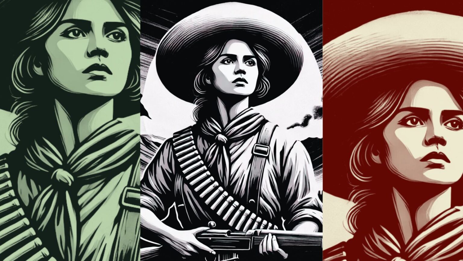 Collage de tres ilustraciones estilizadas de una mujer con sombrero de ala ancha, carrillera de balas cruzada y pañuelo al cuello. El panel central muestra al personaje sosteniendo un rifle frente a un paisaje montañoso; el panel izquierdo está en tonos verdes y el derecho en tonos rojos.