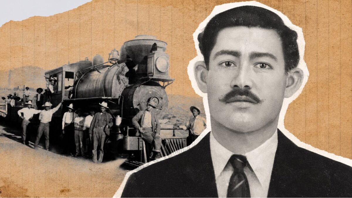Retrato y escena ferroviaria en un collage de estilo vintage. A la izquierda, una fotografía histórica en blanco y negro muestra a varios trabajadores del ferrocarril de principios del siglo XX posando junto a una locomotora de vapor. Llevan sombreros, tirantes y ropa de trabajo. A la derecha, aparece el retrato recortado de José Romero Moreno, con cabello oscuro peinado, bigote y traje formal, colocado sobre un fondo sepia. La composición combina la imagen de un individuo con una escena industrial antigua, evocando un ambiente histórico y nostálgico.
