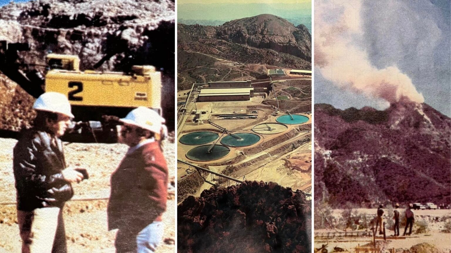 Collage de tres fotografías antiguas de la mina La Caridad de Mexicana de Cobre en Nacozari, Sonora. A la izquierda, dos hombres con cascos blancos conversan en primer plano frente a una gran máquina amarilla con el número 2. Al centro, vista aérea de las instalaciones de la planta, con edificios alargados y cuatro grandes tanques circulares de color verde azulado rodeados de cerros rojizos. A la derecha, una columna de humo blanco se eleva desde la cima de una montaña mientras tres personas observan a lo lejos, de pie en un terreno desértico.