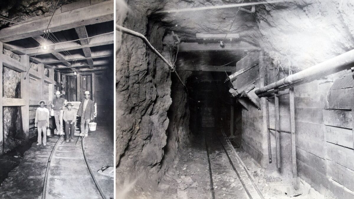 Collage of two old black-and-white photographs of the inside of a tunnel at the Pilares mine in Nacozari, Sonora, around 1925. On the left, four miners wearing hats pose beside a mine cart on the tracks, inside a passage reinforced with wooden beams and planks; two of them hold buckets and metal containers, and cables with light bulbs hang from the ceiling. On the right, a long, narrow tunnel with rough rock walls on one side and block and timber walls on the other, with a pipe running along the side and two sets of rails disappearing into the darkness.