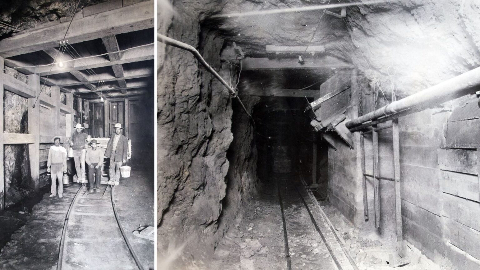 Collage of two old black-and-white photographs of the inside of a tunnel at the Pilares mine in Nacozari, Sonora, around 1925. On the left, four miners wearing hats pose beside a mine cart on the tracks, inside a passage reinforced with wooden beams and planks; two of them hold buckets and metal containers, and cables with light bulbs hang from the ceiling. On the right, a long, narrow tunnel with rough rock walls on one side and block and timber walls on the other, with a pipe running along the side and two sets of rails disappearing into the darkness.